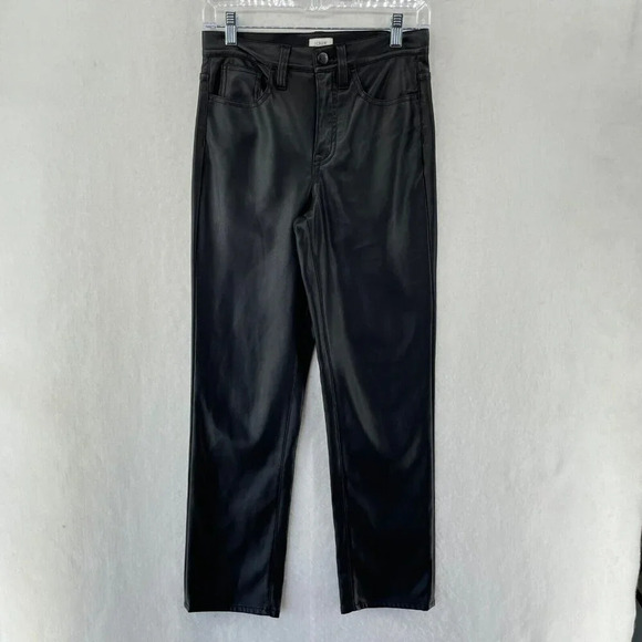 J Crew Pants Womens 25 Black Kate Faux Leather Straight Leg Soft Stretch Button - Picture 1 of 10
